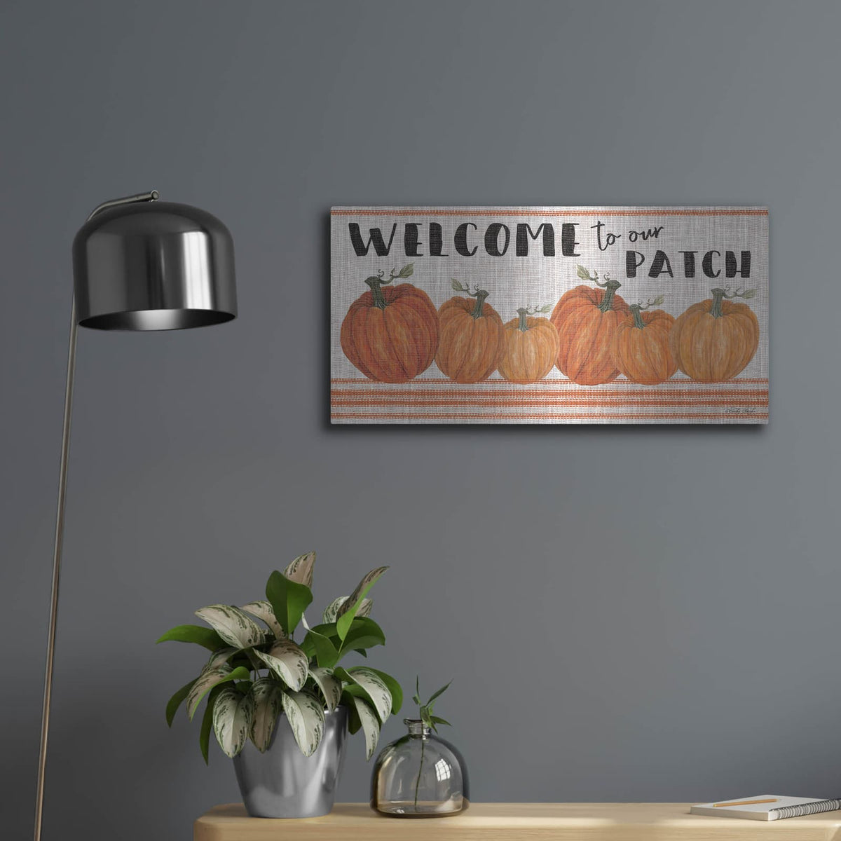 'Welcome to Our Pumpkin Patch' by Cindy Jacobs – Metal Wall Art, 24x12 room view