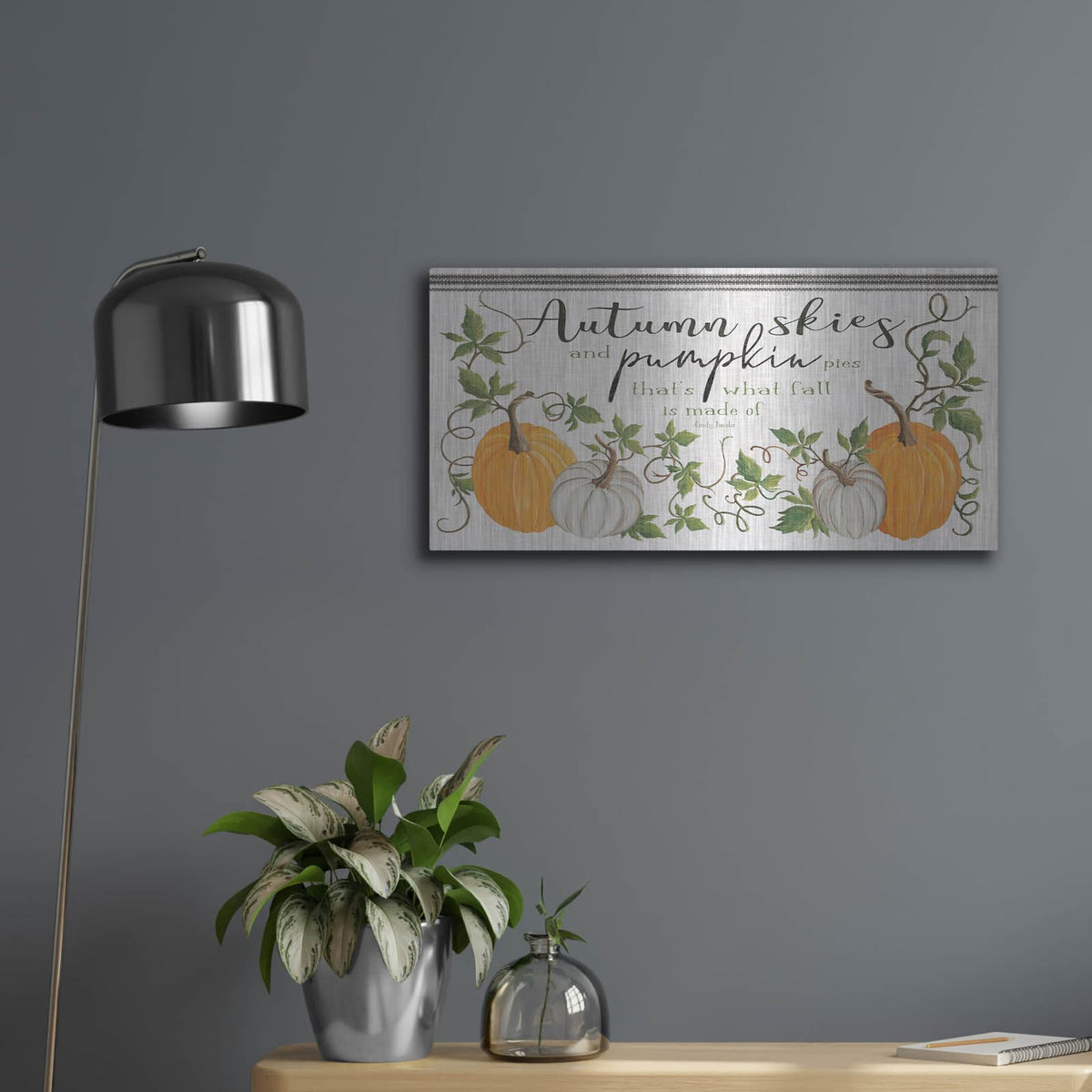 'Autumn Skies and Pumpkin Pies' by Cindy Jacobs – Metal Wall Art, 24x12 room view
