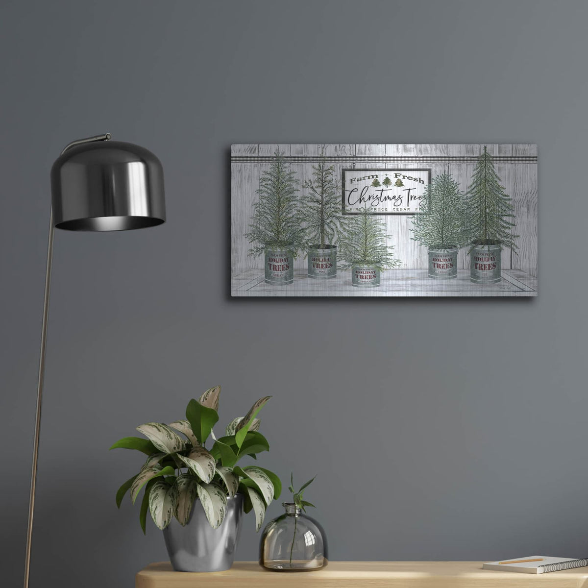 'Galvanized Pots White Christmas Trees II' by Cindy Jacobs – Metal Wall Art, 24x12 room view
