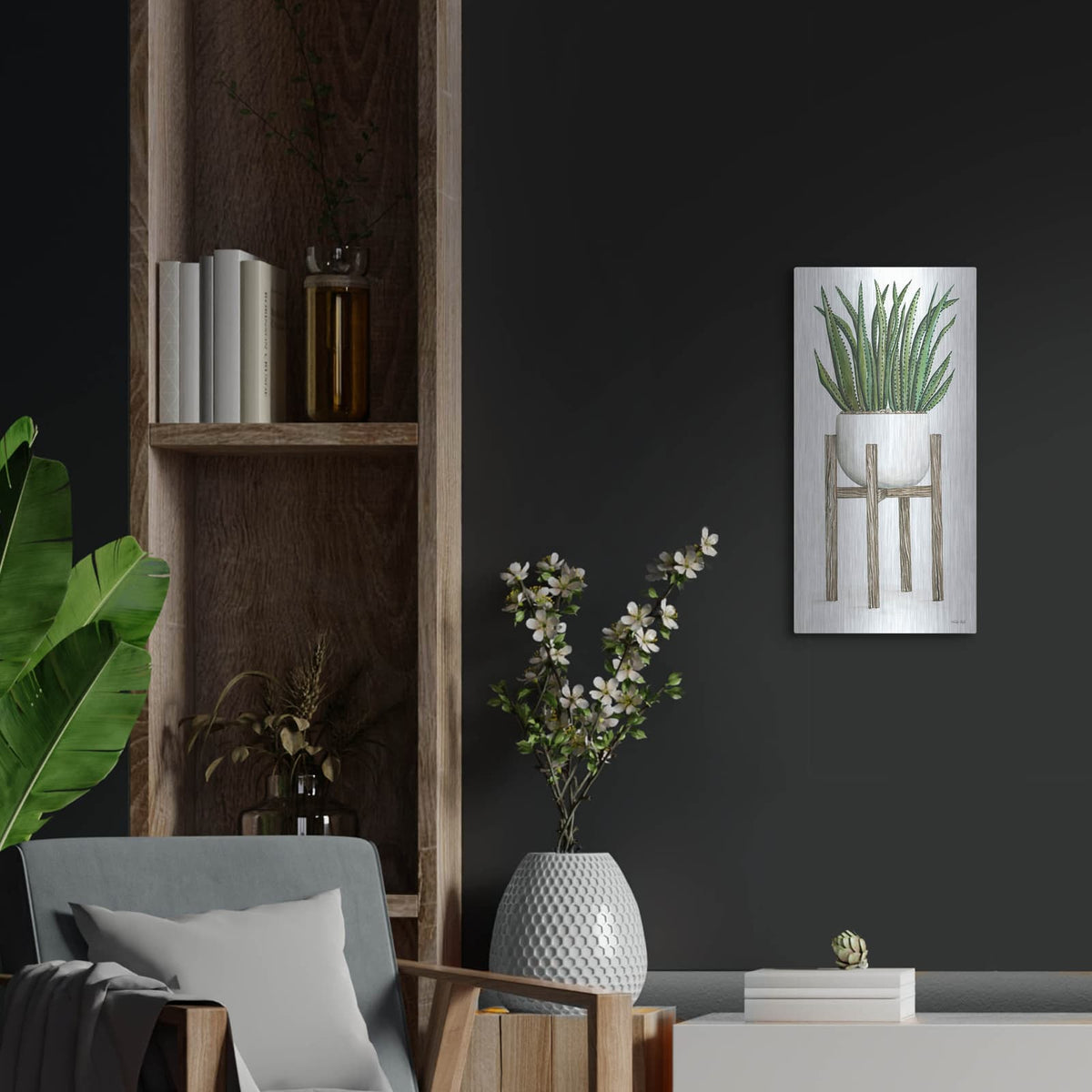 'White Pots on Stands II' by Cindy Jacobs – Metal Wall Art, 12x24 room view