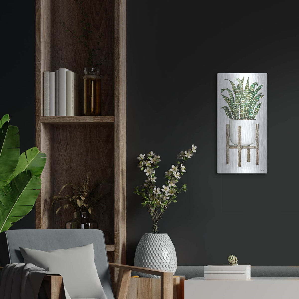 'White Pots on Stands III' by Cindy Jacobs – Metal Wall Art, 12x24 room view