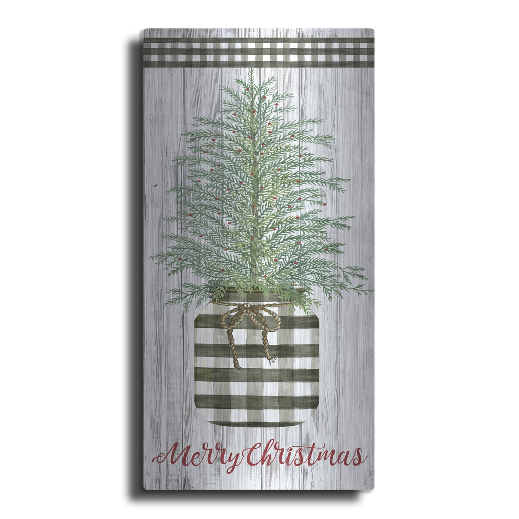 'Merry Christmas Buffalo Plaid Jar & Tree' by Cindy Jacobs – Metal Wall Art