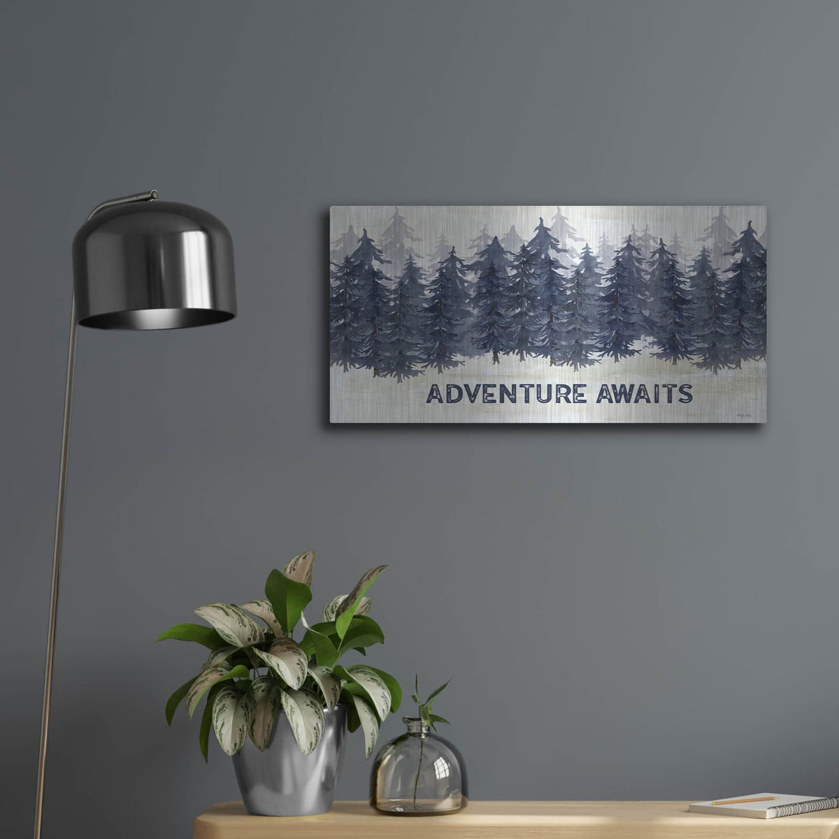 'Navy Trees Adventure' by Cindy Jacobs – Metal Wall Art, 24x12 room view