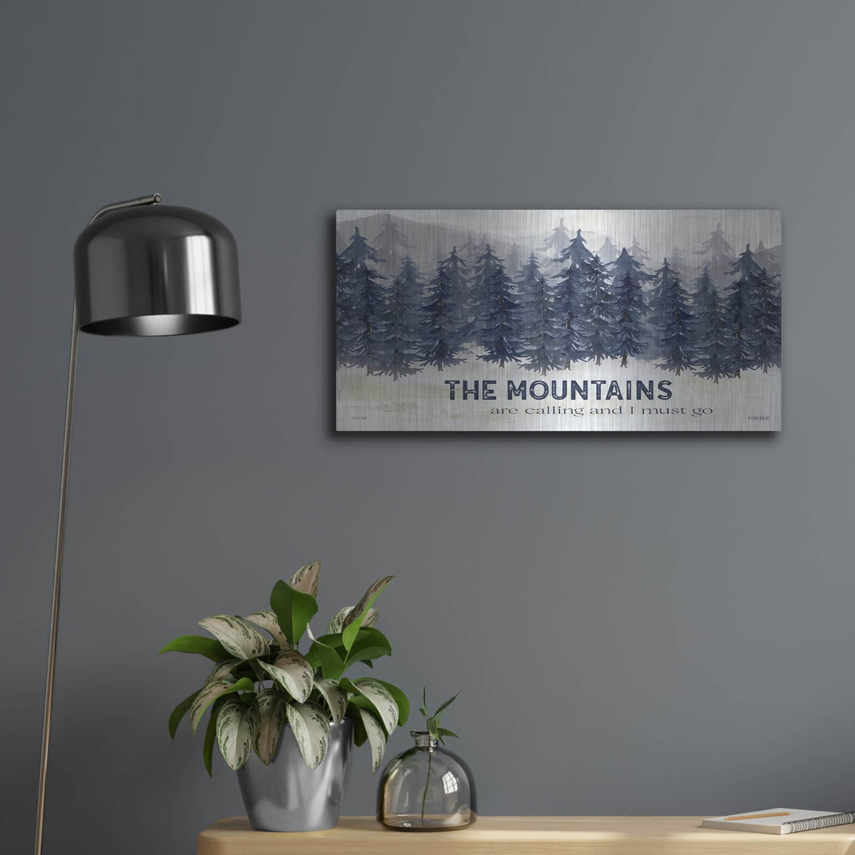 'Navy Trees The Mountains' by Cindy Jacobs – Metal Wall Art, 24x12 room view