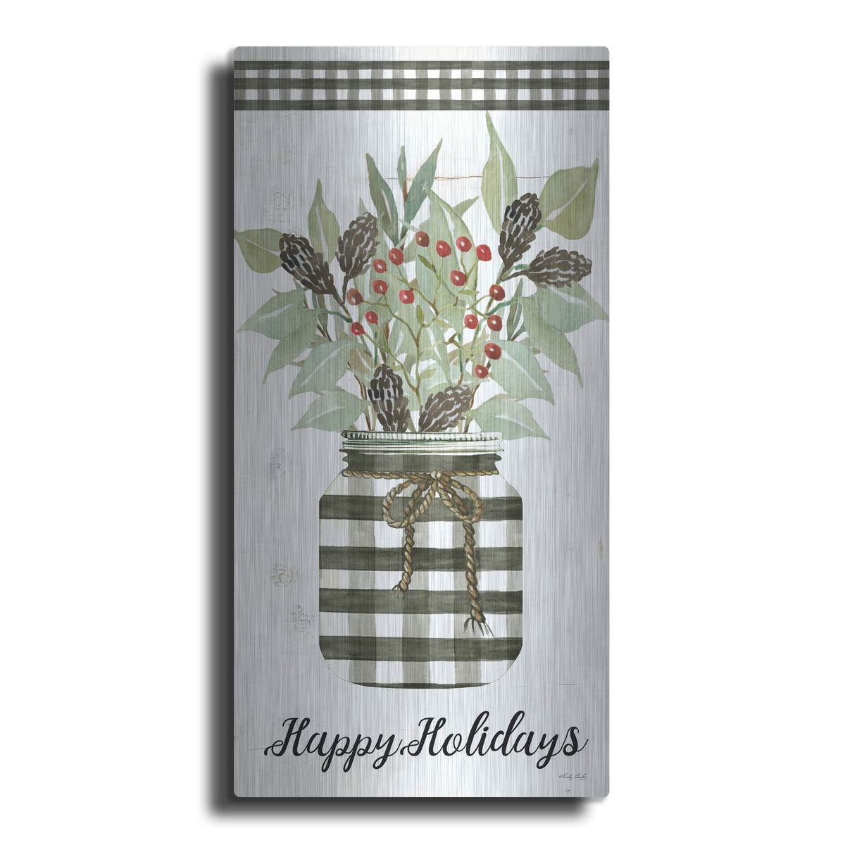'Happy Holidays Gingham Jar' by Cindy Jacobs – Metal Wall Art