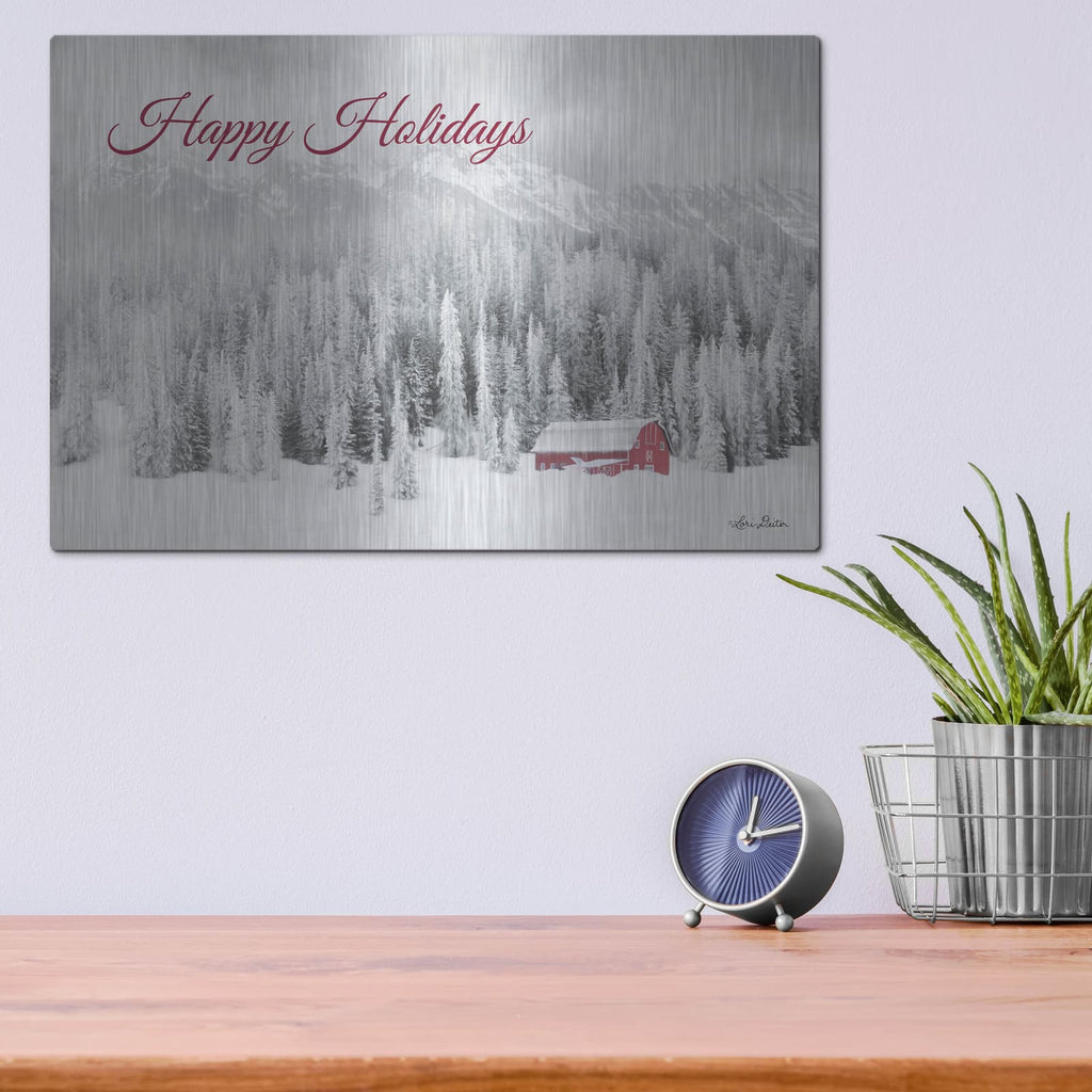 'Rocky Mountains Snow Storm with Barn' by Lori Deiter – Metal Wall Art, 16x12 room view