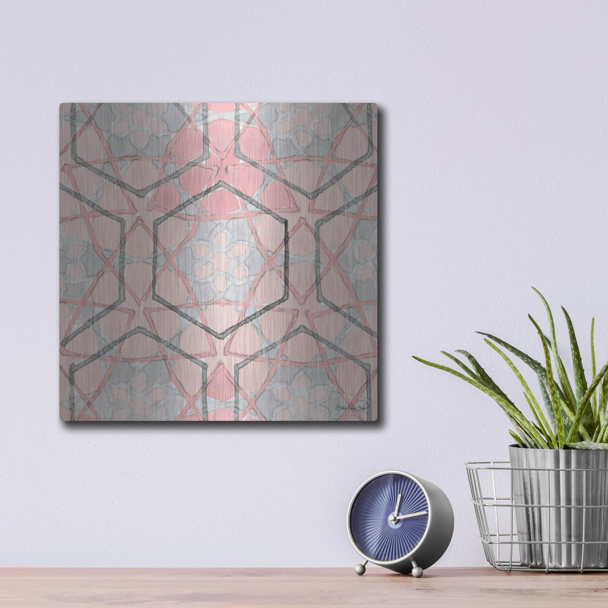 'Pink and Gray Pattern 1' by Stellar Design Studio – Metal Wall Art, 12x12 room view