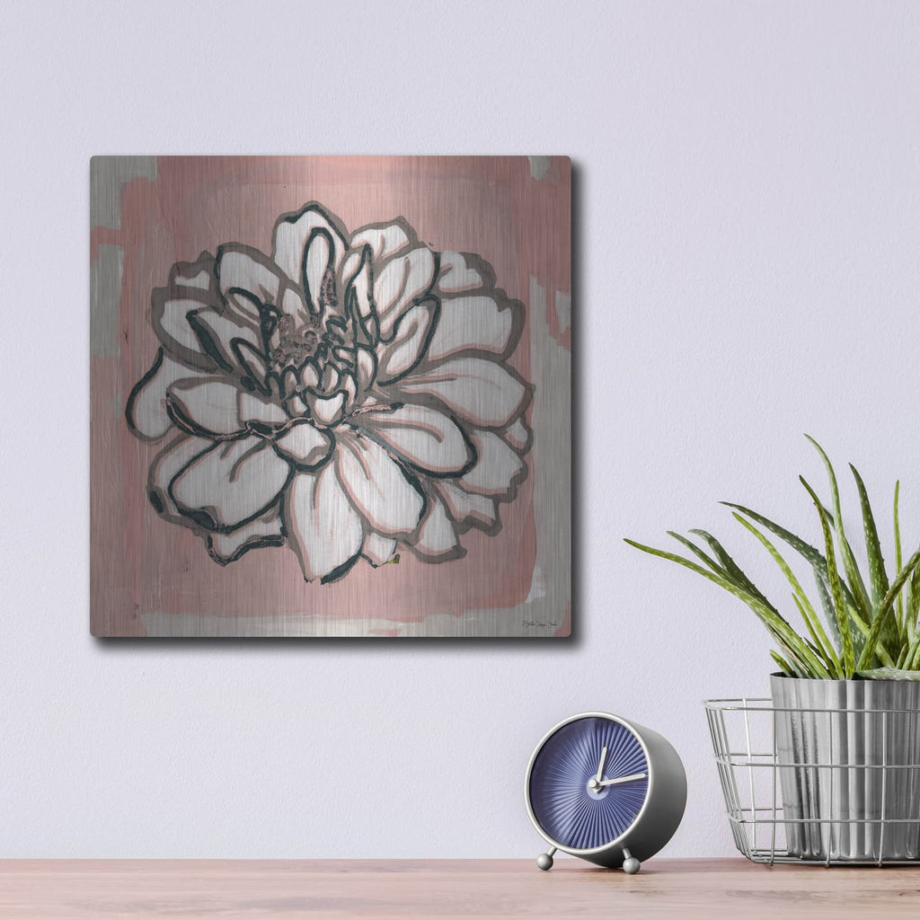 'Pink and Gray Floral 2' by Stellar Design Studio – Metal Wall Art, 12x12 room view