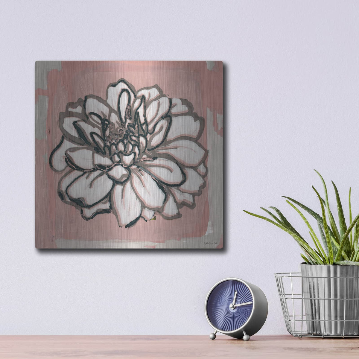 'Pink and Gray Floral 2' by Stellar Design Studio – Metal Wall Art, 12x12 room view