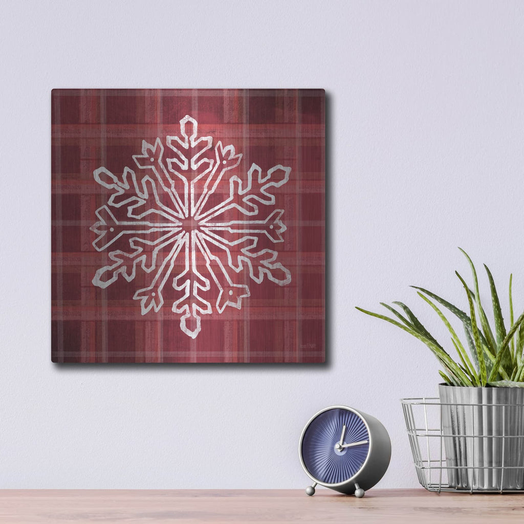 'Red Plaid Snowflakes' by House Fenway – Metal Wall Art, 12x12 room view