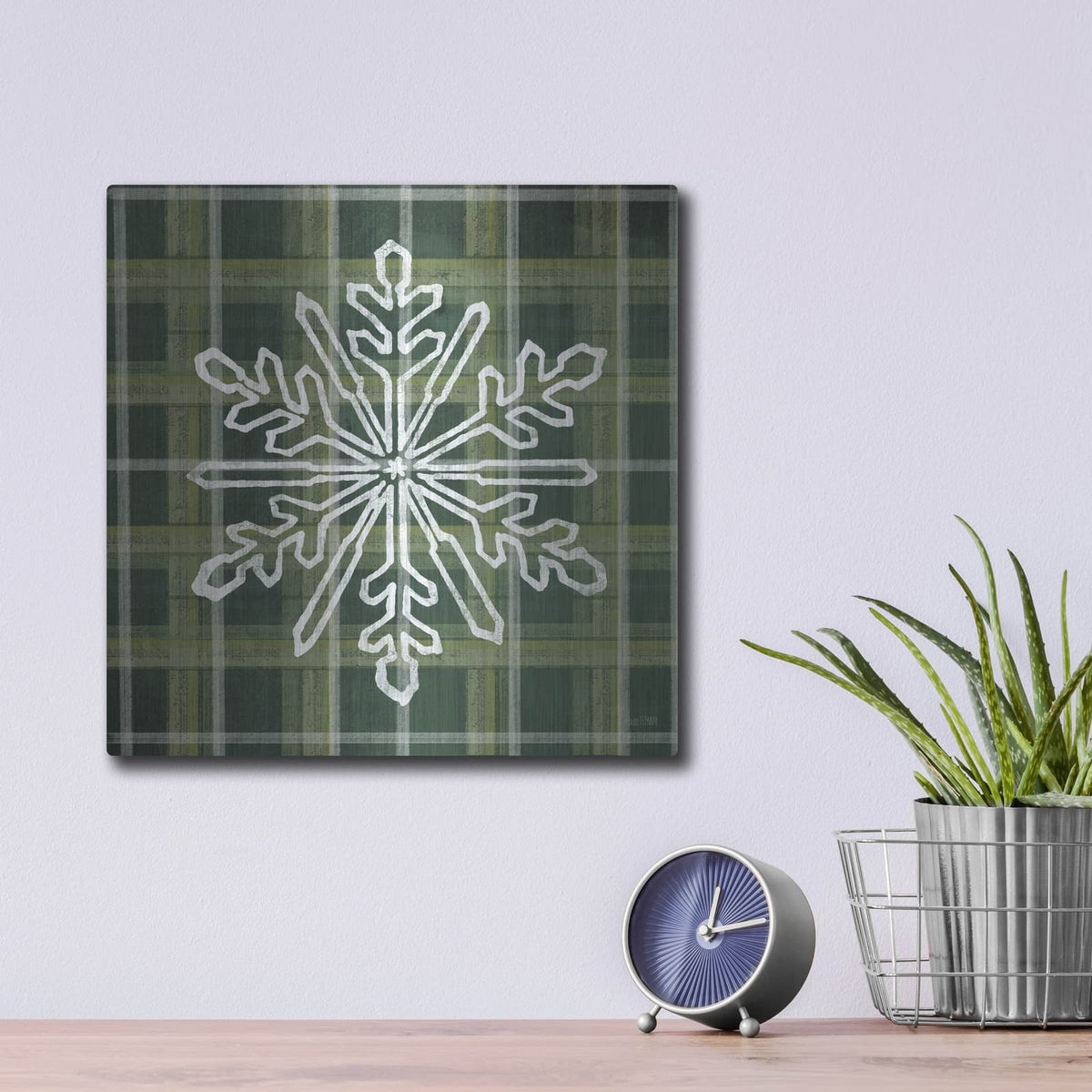 'Green Plaid Snowflakes' by House Fenway – Metal Wall Art, 12x12 room view