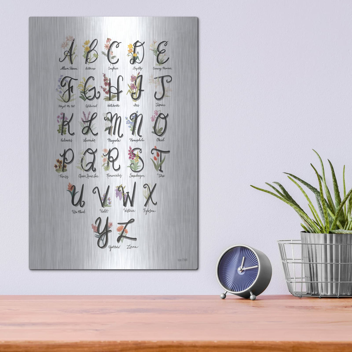 'Flower Alphabet in White' by House Fenway – Metal Wall Art, 12x16 room view
