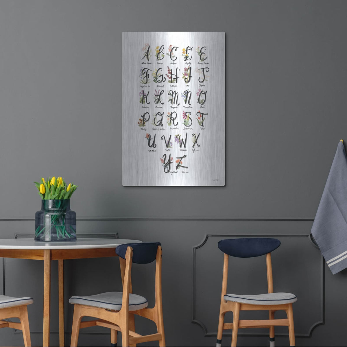 'Flower Alphabet in White' by House Fenway – Metal Wall Art, 24x36 room view