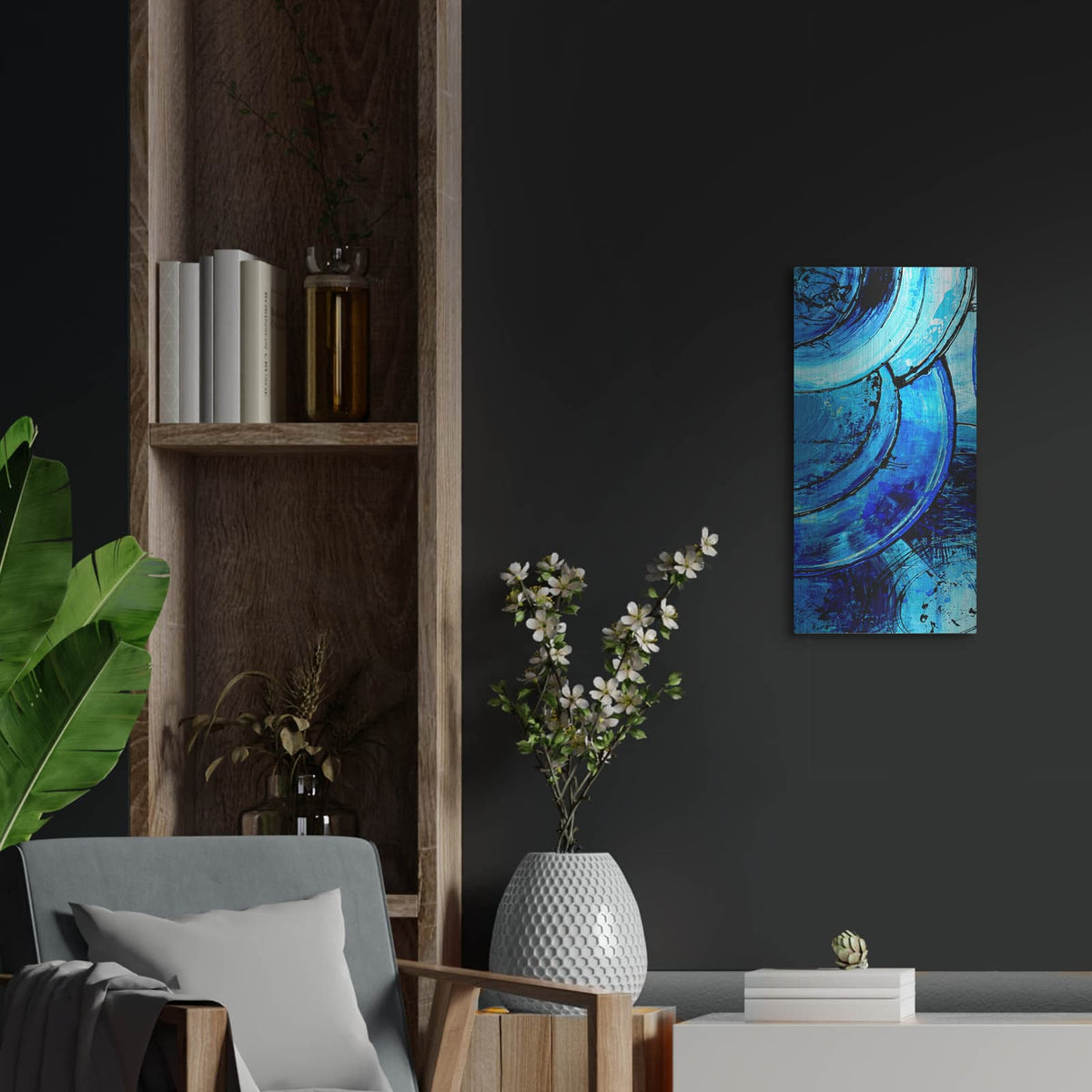 'Blue Moons I' by Erin Ashley – Metal Wall Art, 12x24 room view