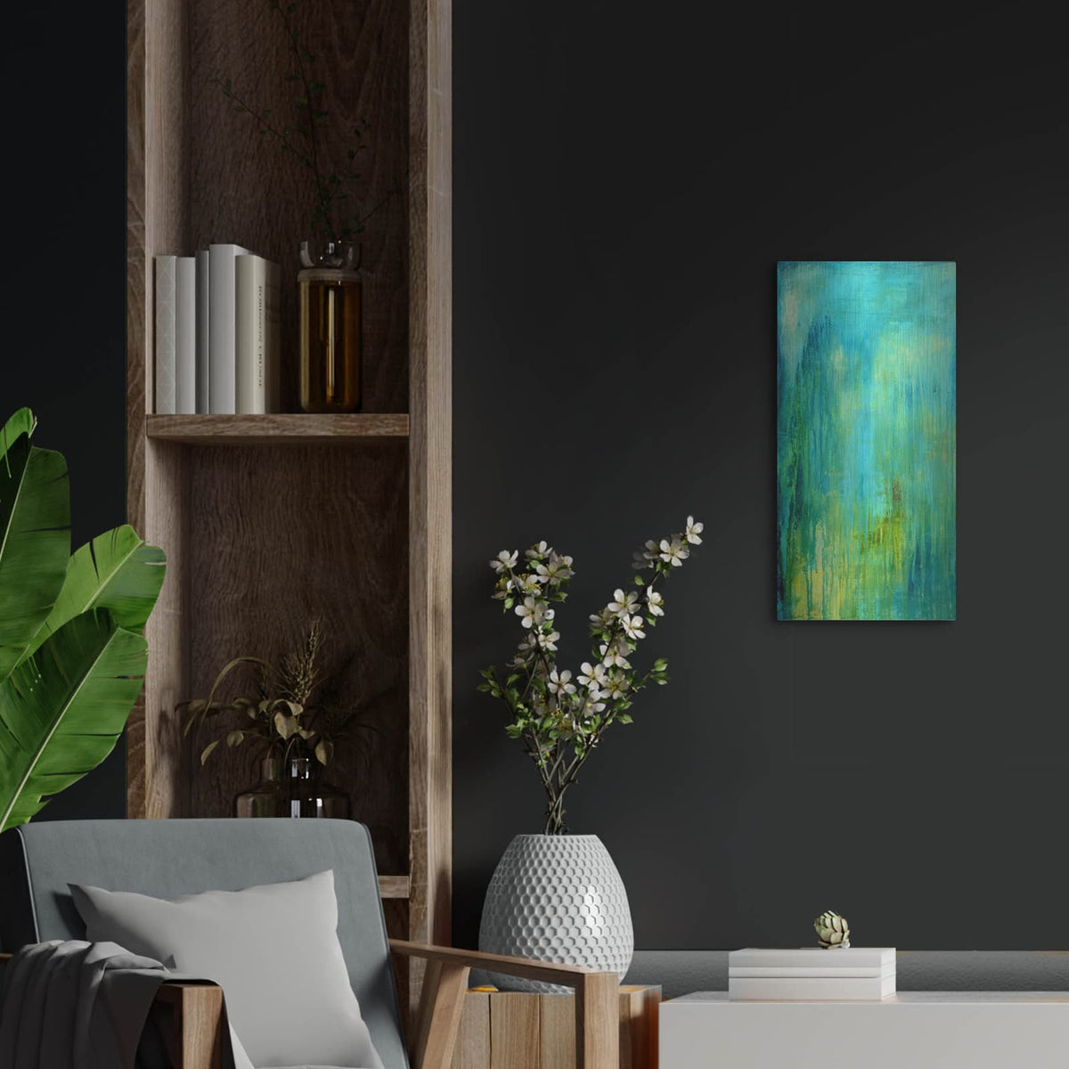 'Blue Mountain Rain I' by Erin Ashley – Metal Wall Art, 12x24 room view