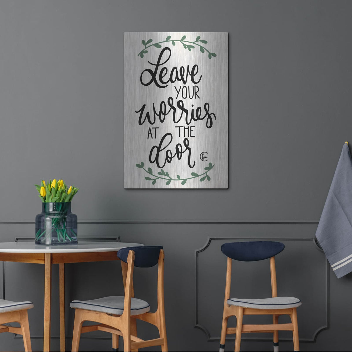 'Leave Your Worries at the Door' by Fearfully Made – Metal Wall Art, 24x36 room view