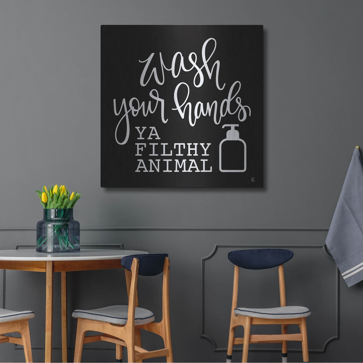 'Wash Your Hands' by Fearfully Made – Metal Wall Art, 36x36 room view