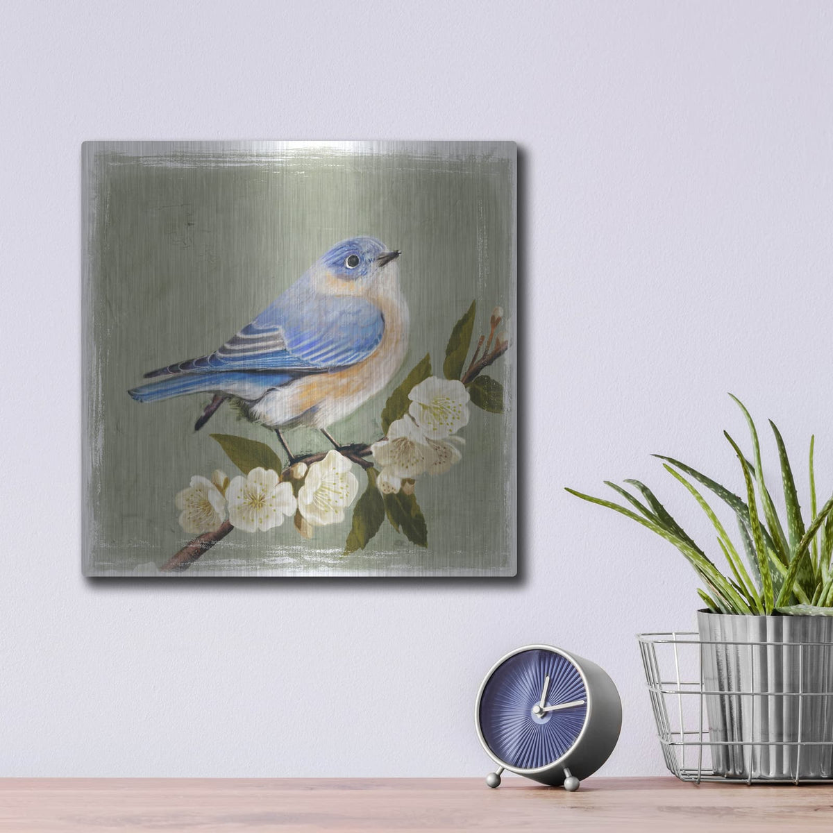 'Bluebird Branch I' by Victoria Borges – Metal Wall Art, 12x12 room view