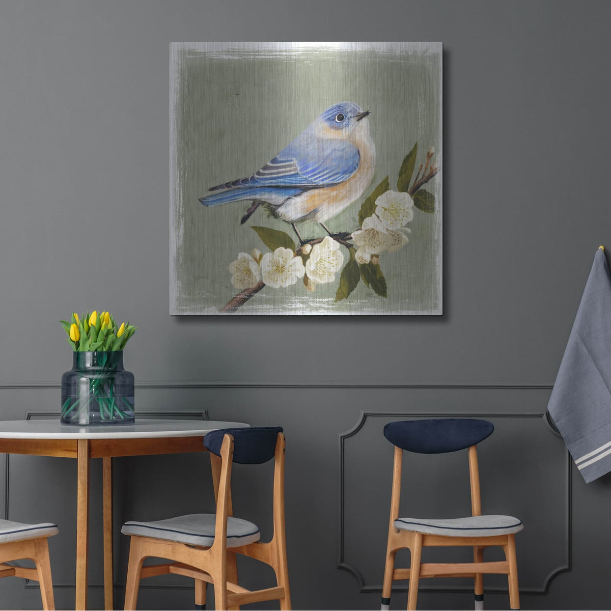 'Bluebird Branch I' by Victoria Borges – Metal Wall Art, 36x36 room view