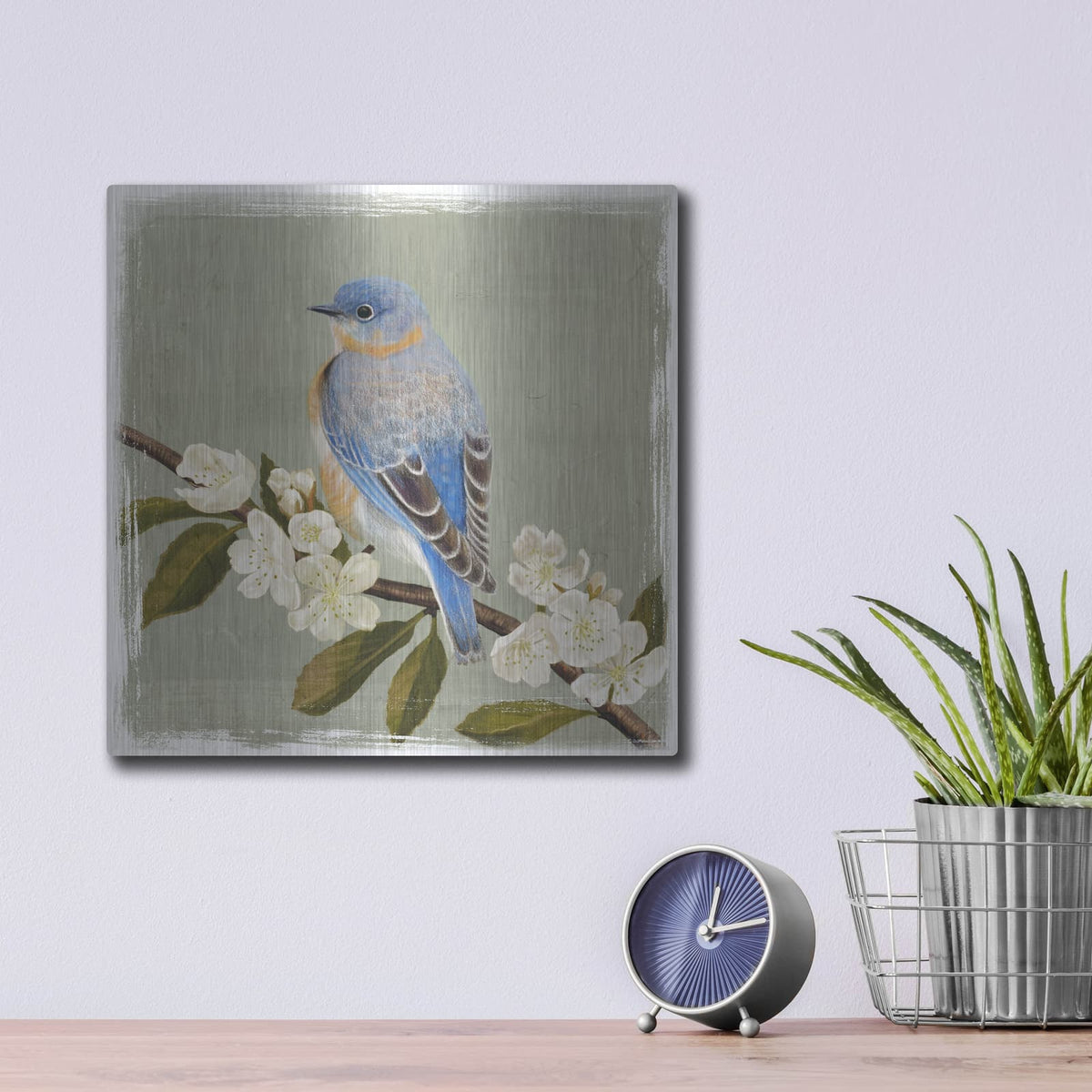 'Bluebird Branch II' by Victoria Borges – Metal Wall Art, 12x12 room view