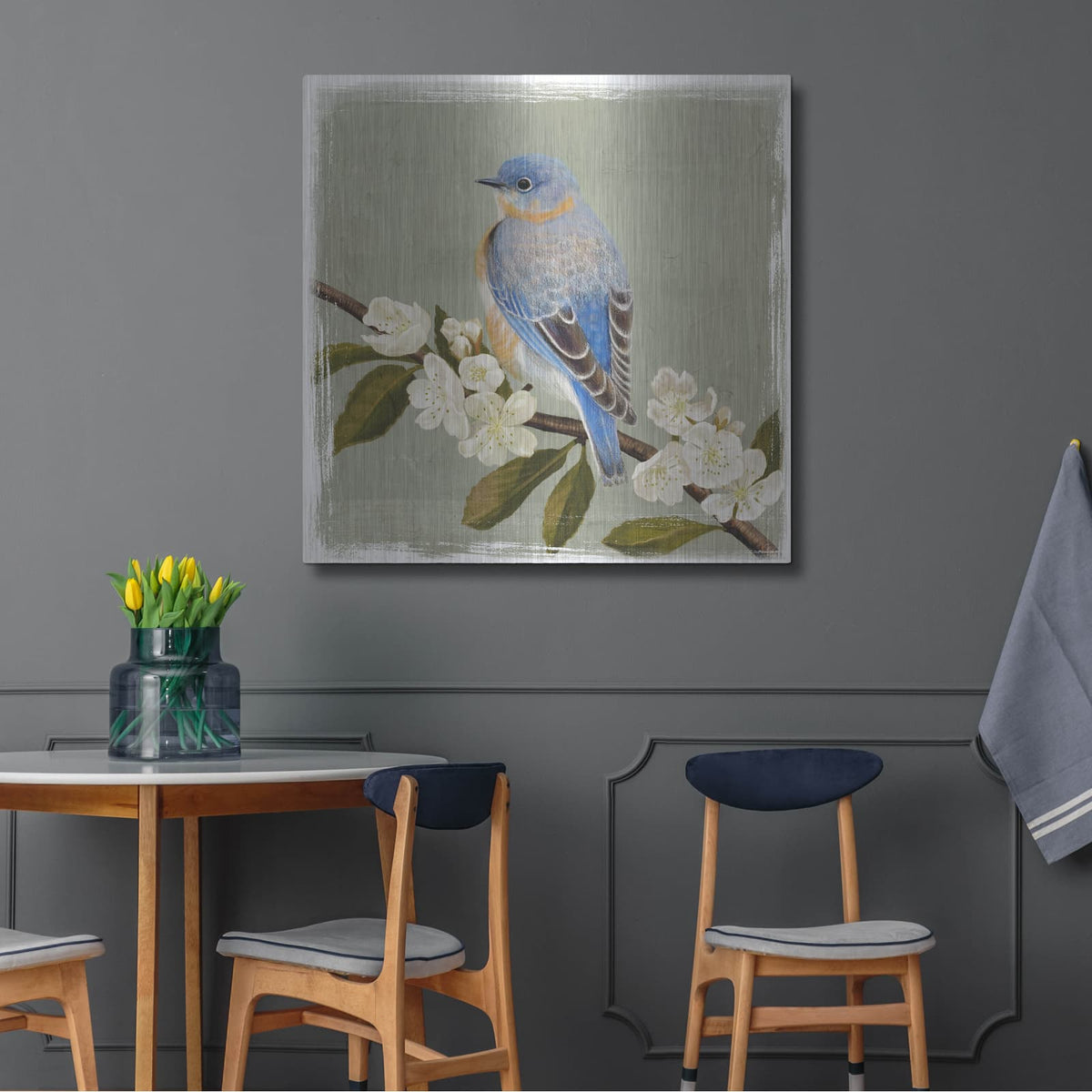 'Bluebird Branch II' by Victoria Borges – Metal Wall Art, 36x36 room view