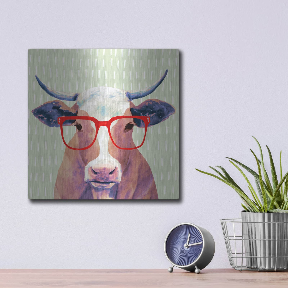 'Bespectacled Bovine I' by Victoria Borges – Metal Wall Art, 12x12 room view