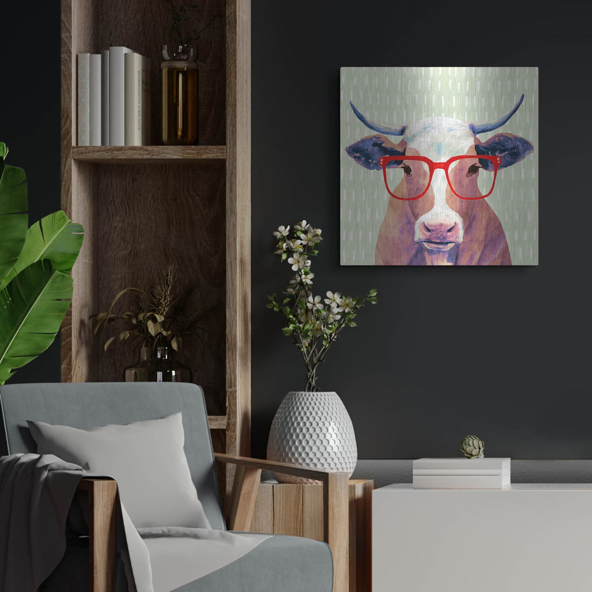 'Bespectacled Bovine I' by Victoria Borges – Metal Wall Art, 24x24 room view