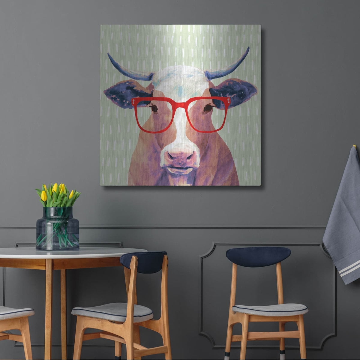 'Bespectacled Bovine I' by Victoria Borges – Metal Wall Art, 36x36 room view