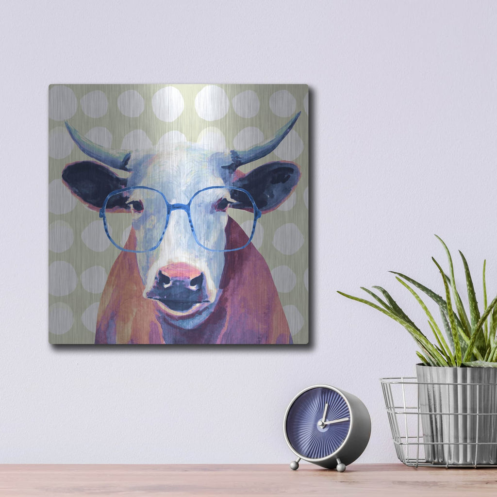 'Bespectacled Bovine II' by Victoria Borges – Metal Wall Art, 12x12 room view
