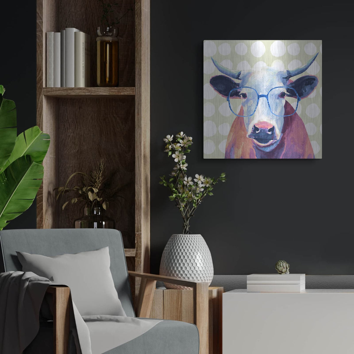 'Bespectacled Bovine II' by Victoria Borges – Metal Wall Art, 24x24 room view