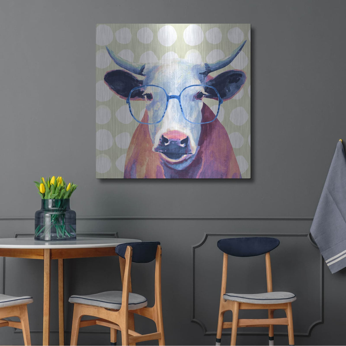 'Bespectacled Bovine II' by Victoria Borges – Metal Wall Art, 36x36 room view