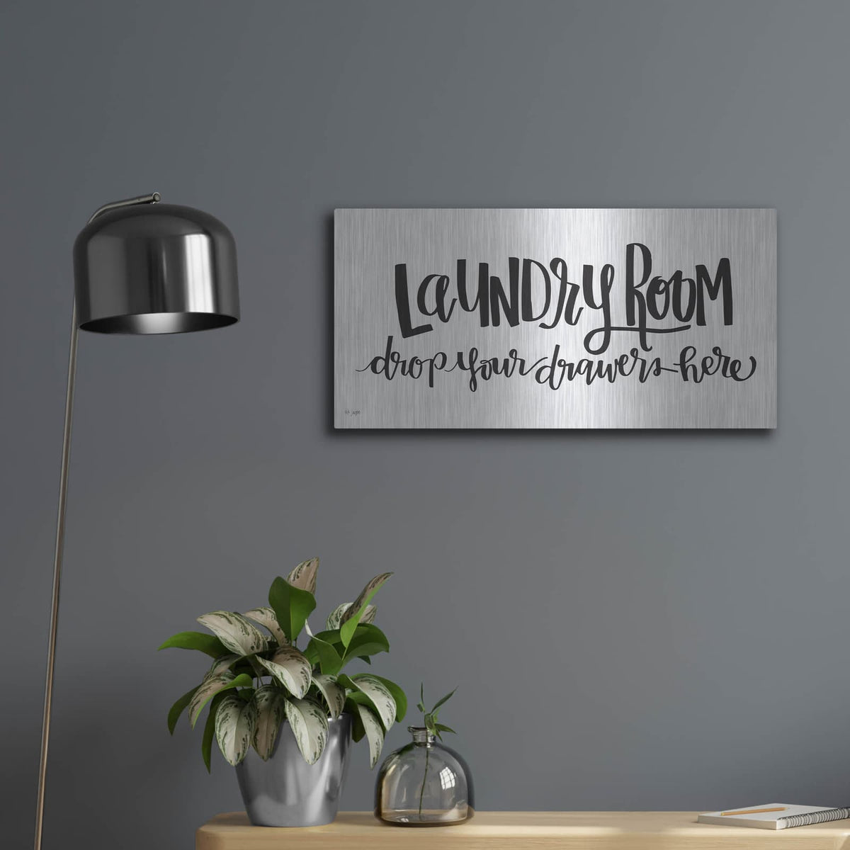 'Laundry Room Drop Your Drawers' by Jaxn Blvd – Metal Wall Art, 24x12 room view
