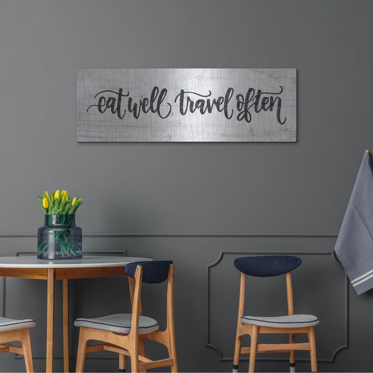 'Eat Well, Travel Often' by Jaxn Blvd – Metal Wall Art, 48x16 room view