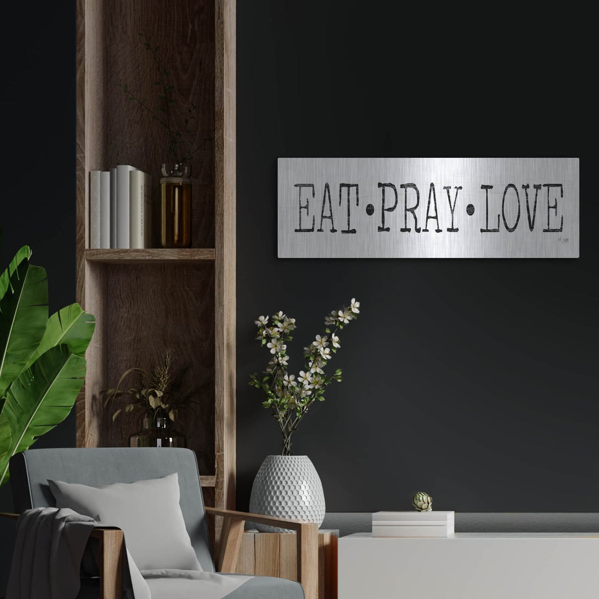 'Eat, Pray Love' by Jaxn Blvd – Metal Wall Art, 36x12 room view