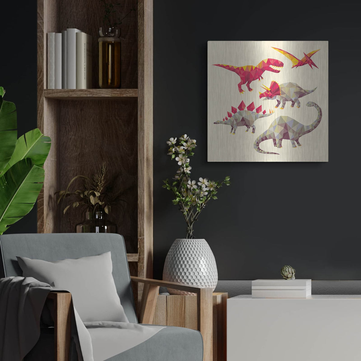 'Geo Saurs' by Michael Buxton – Metal Wall Art, 24x24 room view