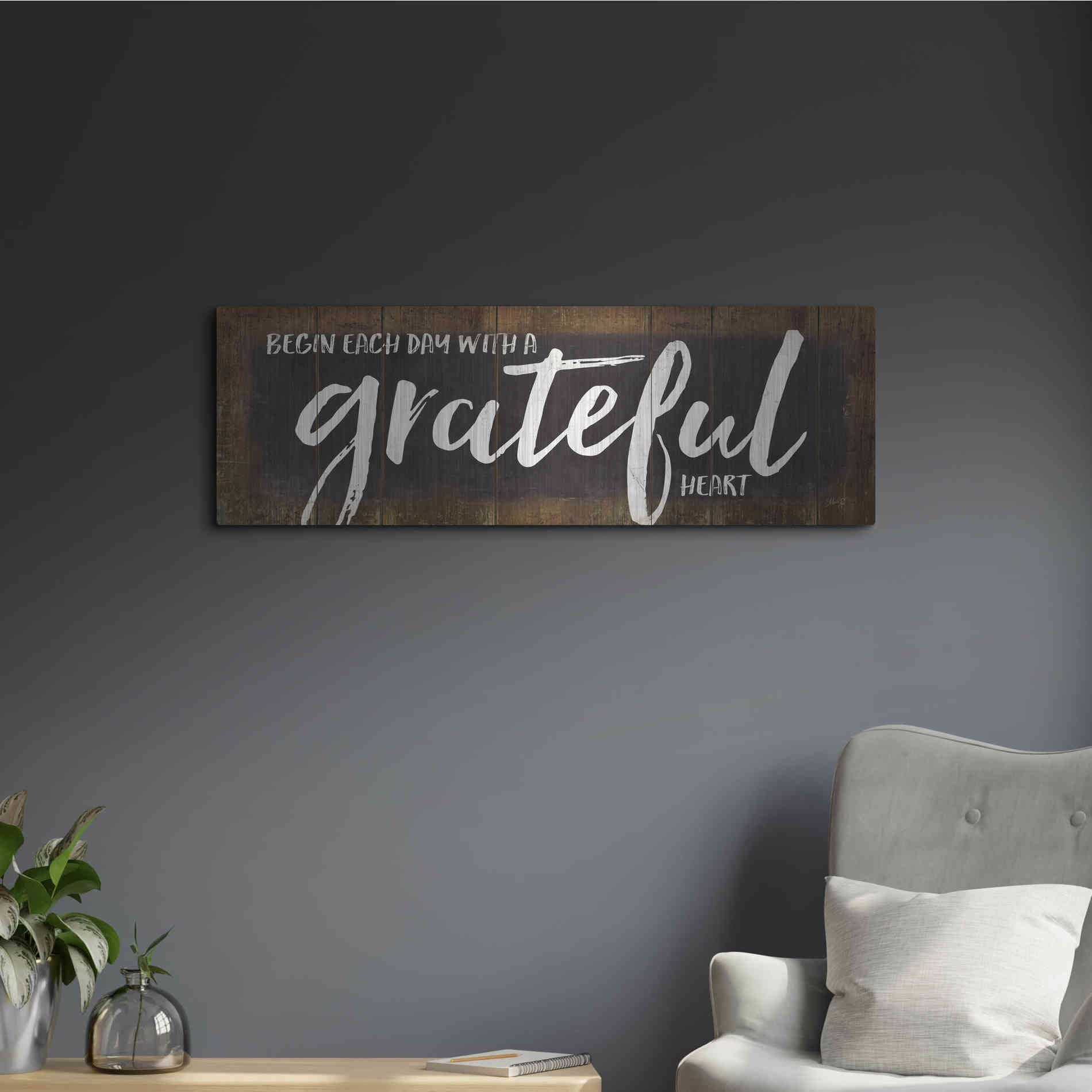 Luxe Metal Art 'Begin Each Day with a Grateful Heart' by Marla Rae, Metal Wall Art,36x12