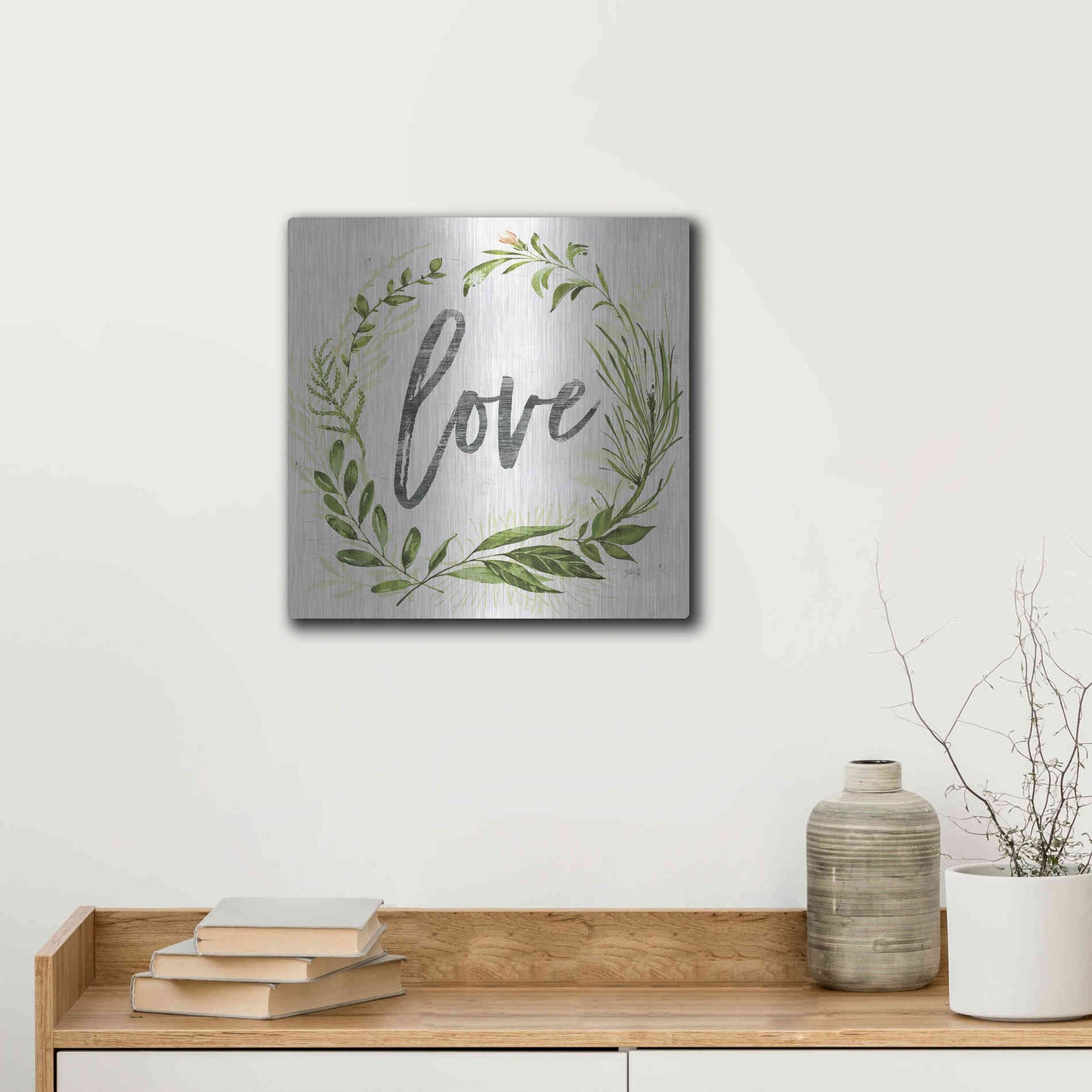 Luxe Metal Art 'Love Greenery Wreath' by Marla Rae, Metal Wall Art,12x12