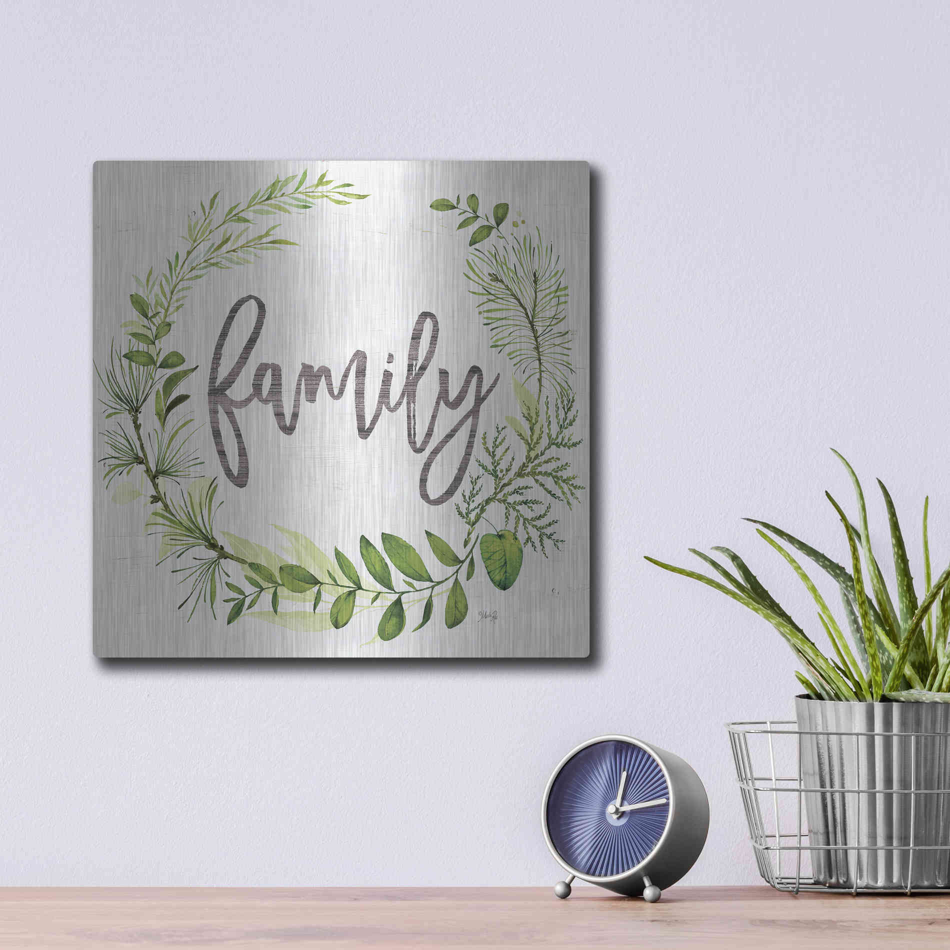 Luxe Metal Art 'Family Greenery Wreath' by Marla Rae, Metal Wall Art,12x12