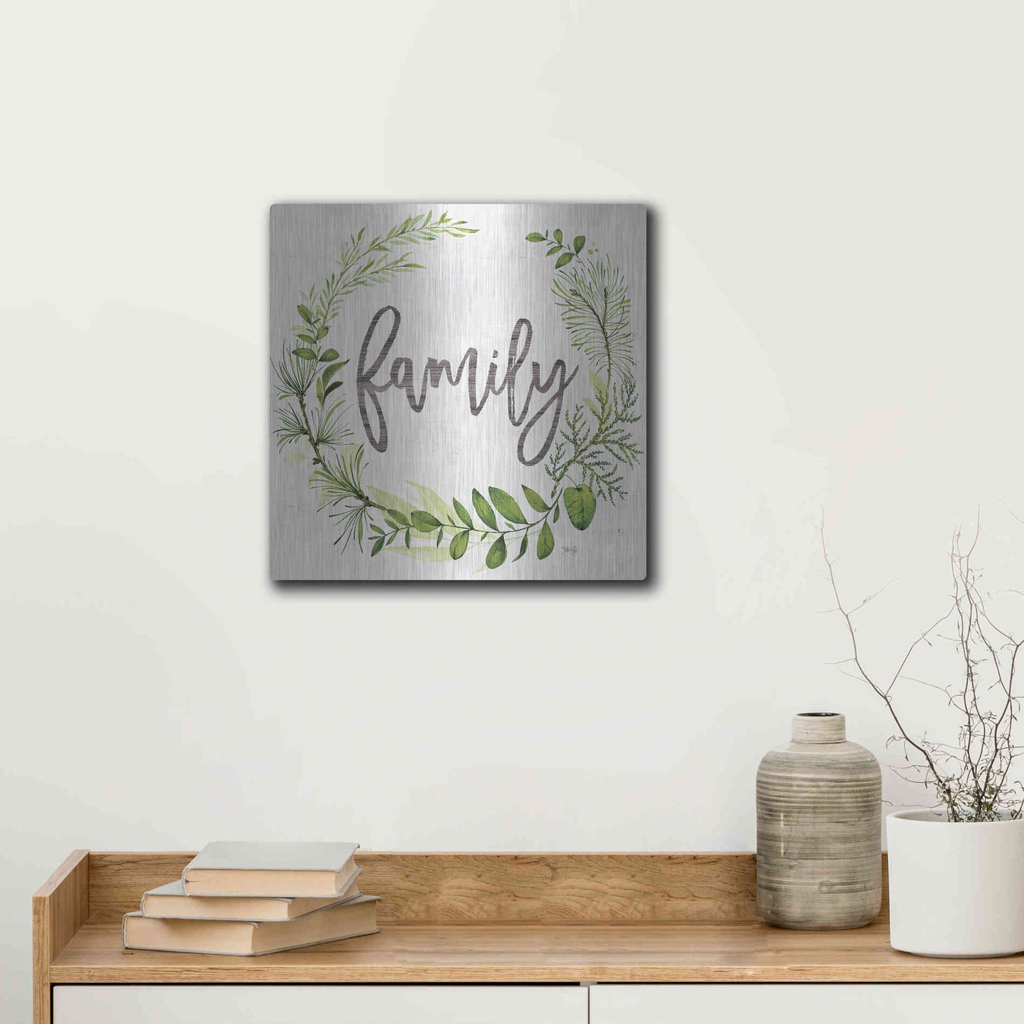 Luxe Metal Art 'Family Greenery Wreath' by Marla Rae, Metal Wall Art,12x12