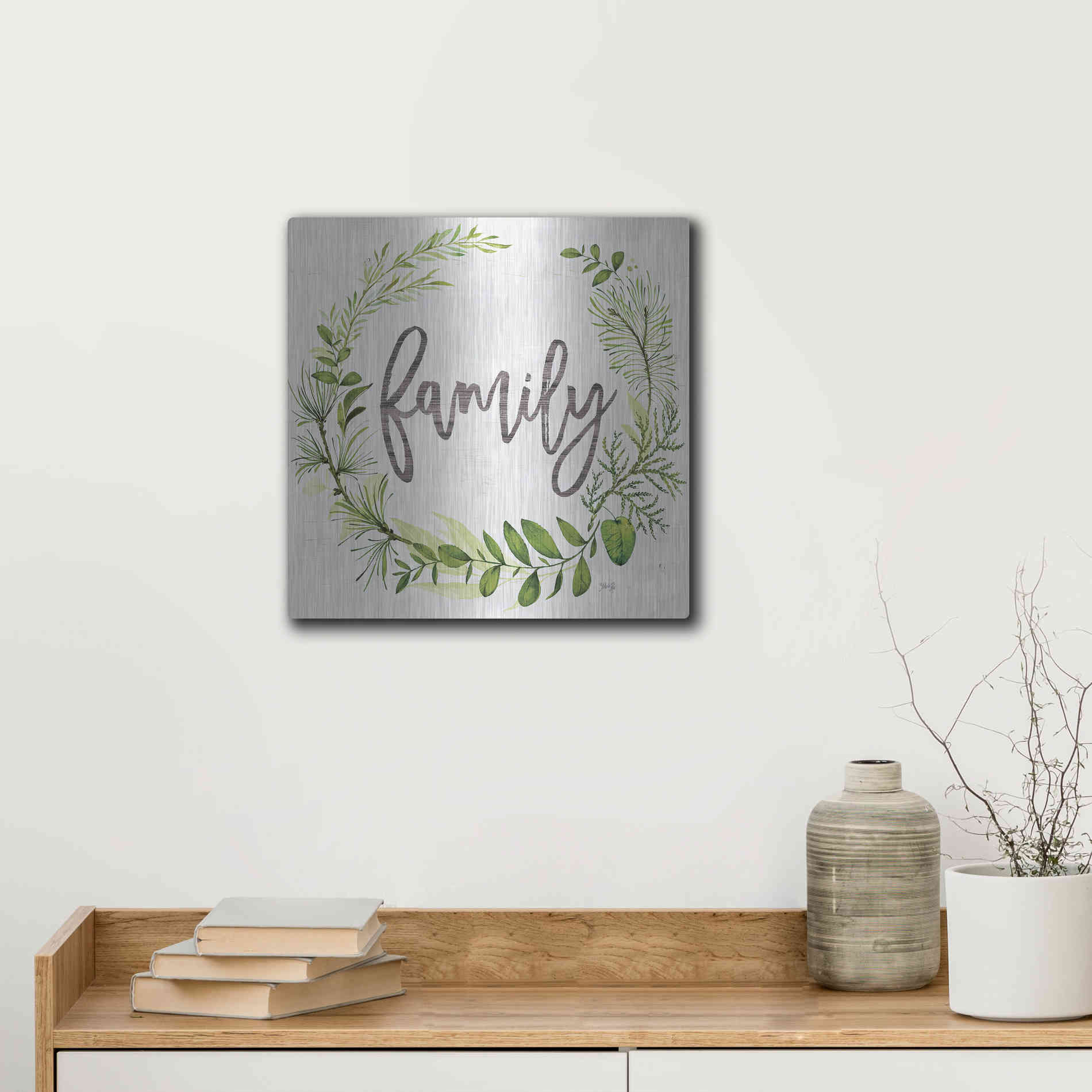 Luxe Metal Art 'Family Greenery Wreath' by Marla Rae, Metal Wall Art,12x12