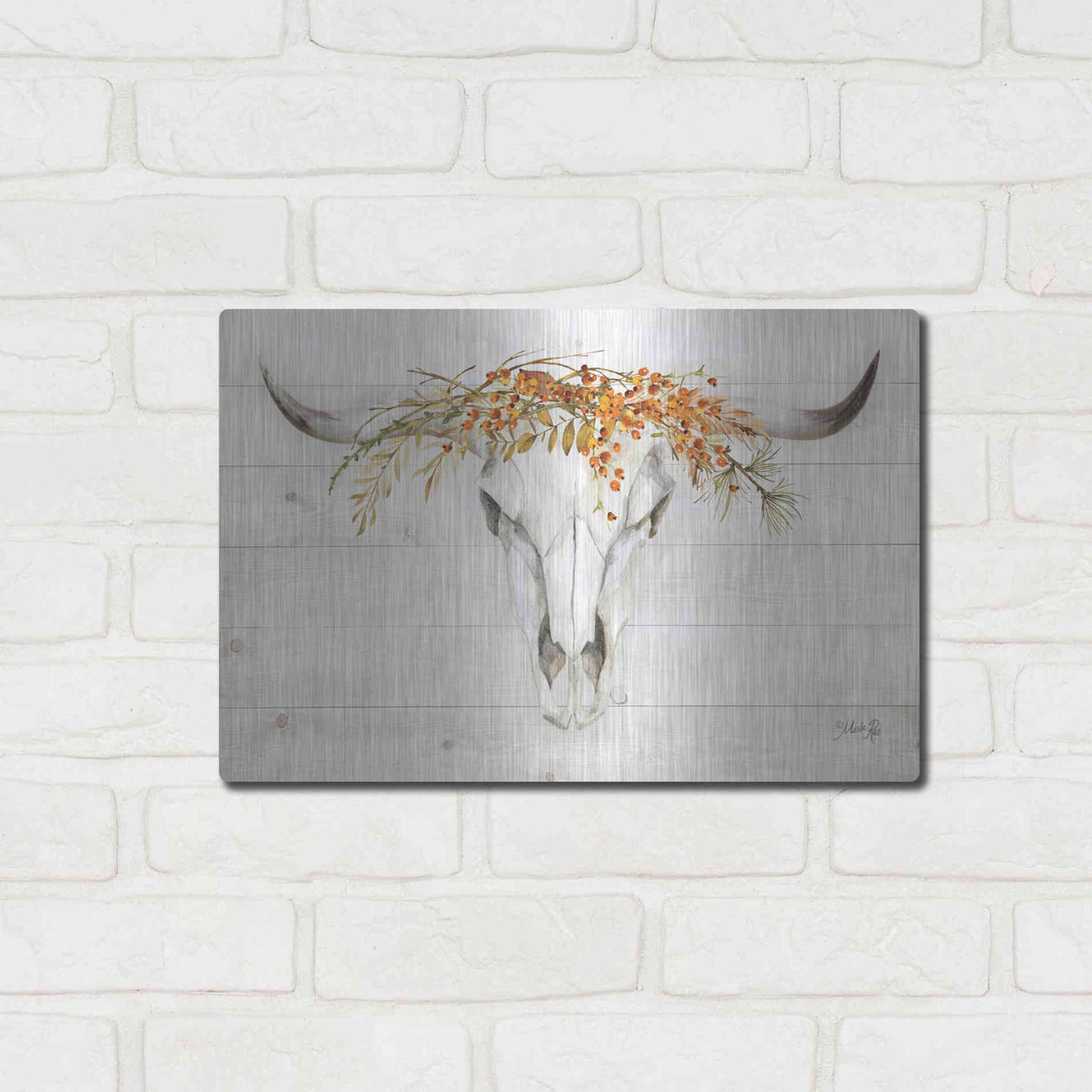 Luxe Metal Art 'Fall Steer Skull' by Marla Rae, Metal Wall Art,16x12