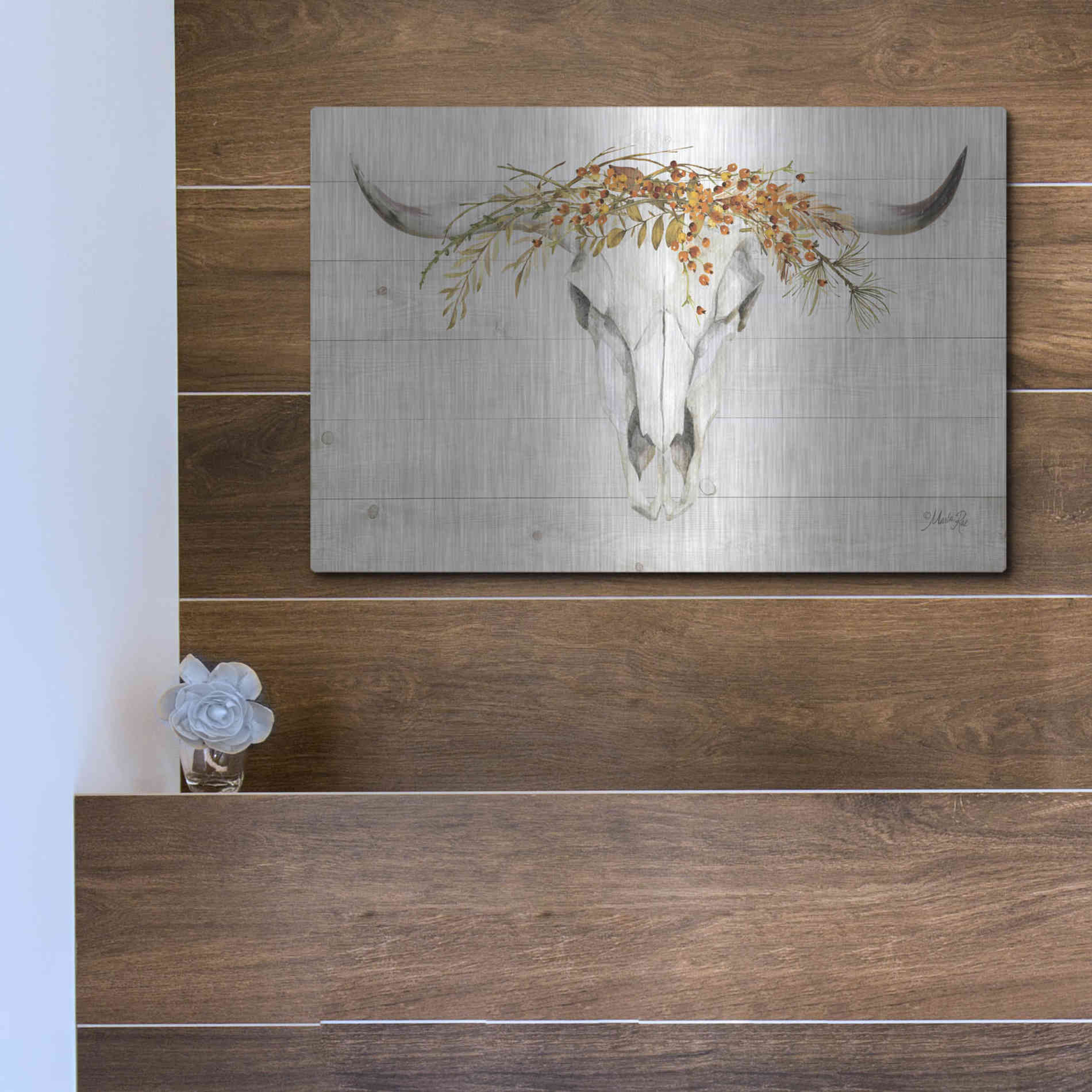 Luxe Metal Art 'Fall Steer Skull' by Marla Rae, Metal Wall Art,16x12