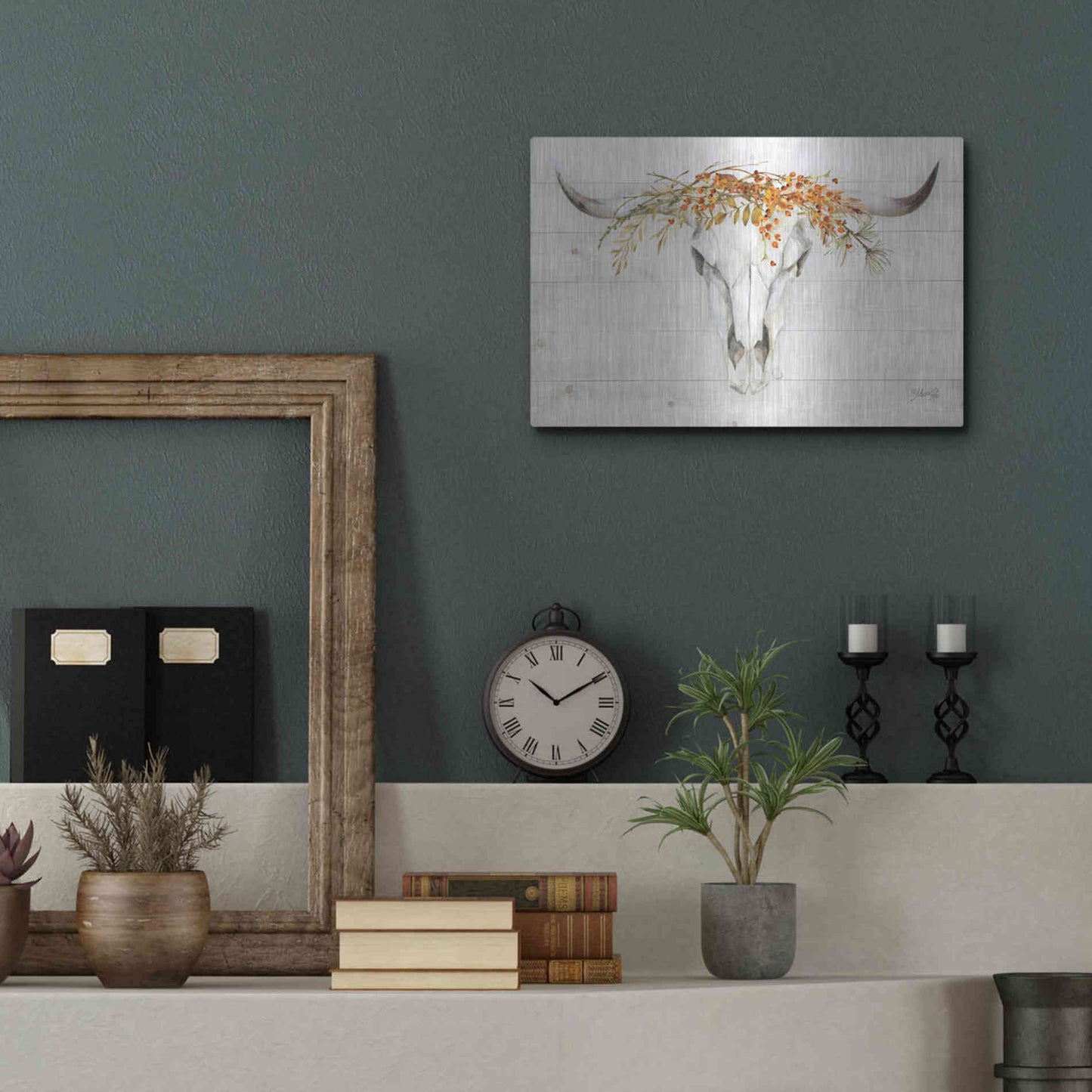 Luxe Metal Art 'Fall Steer Skull' by Marla Rae, Metal Wall Art,16x12