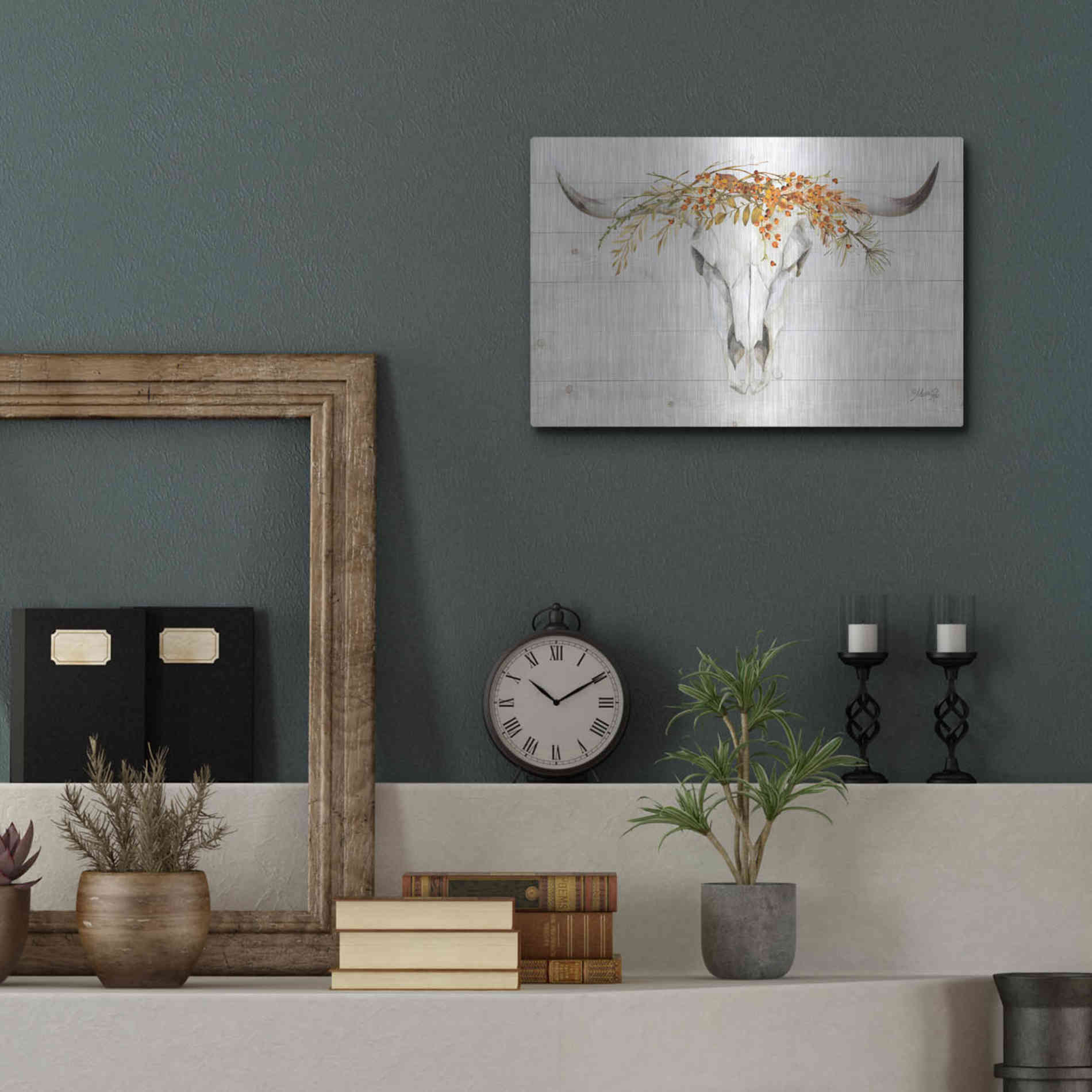 Luxe Metal Art 'Fall Steer Skull' by Marla Rae, Metal Wall Art,16x12
