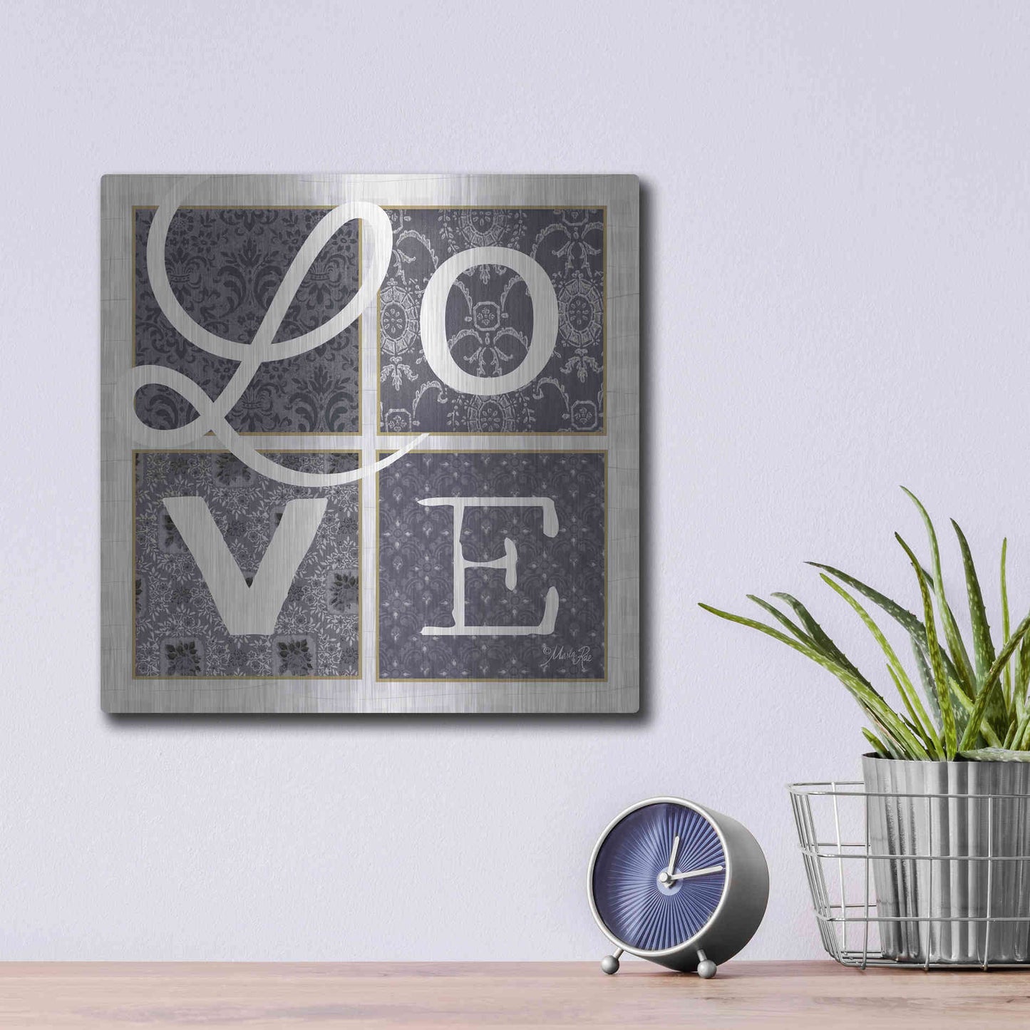Luxe Metal Art 'LOVE Squared in Gray' by Marla Rae, Metal Wall Art,12x12