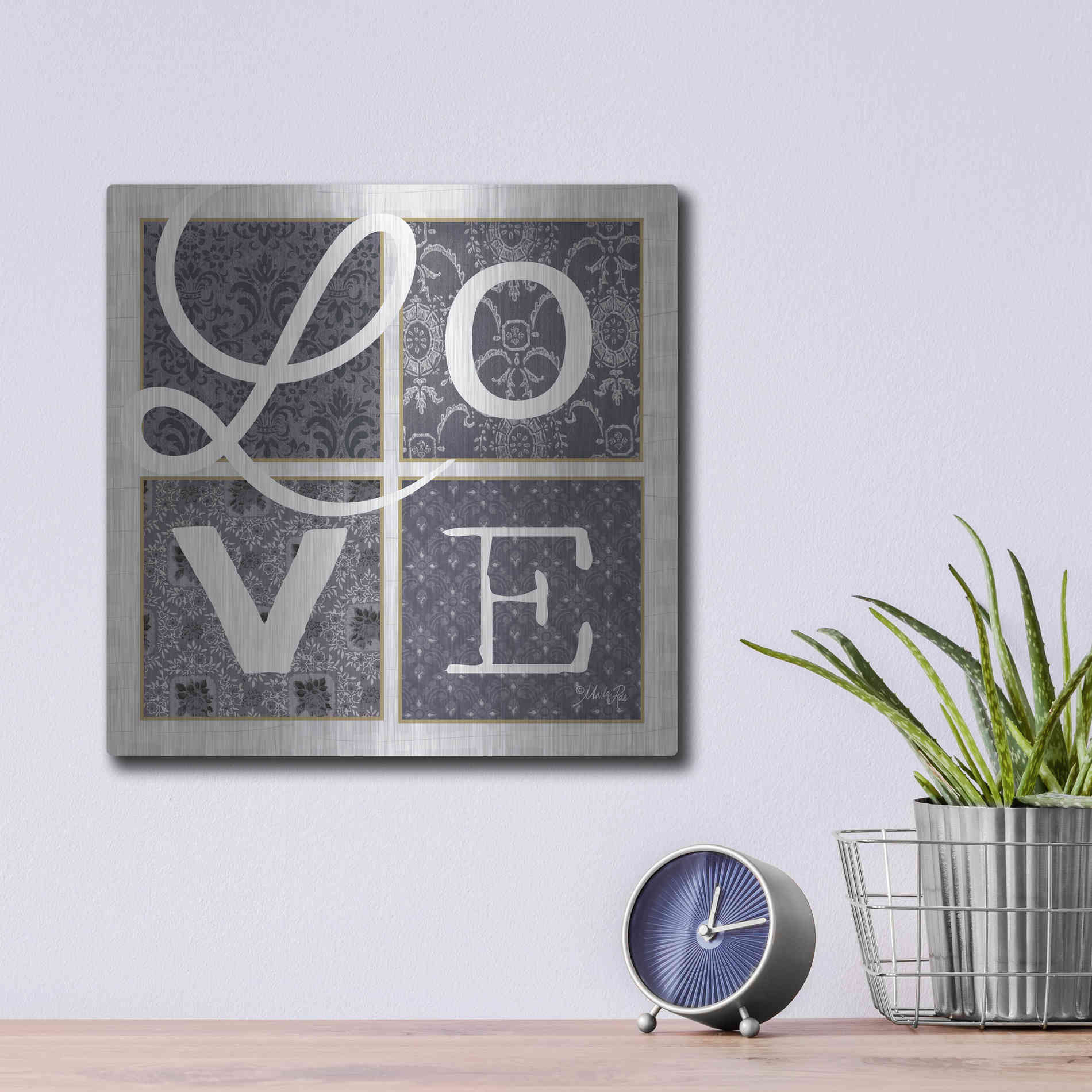 Luxe Metal Art 'LOVE Squared in Gray' by Marla Rae, Metal Wall Art,12x12