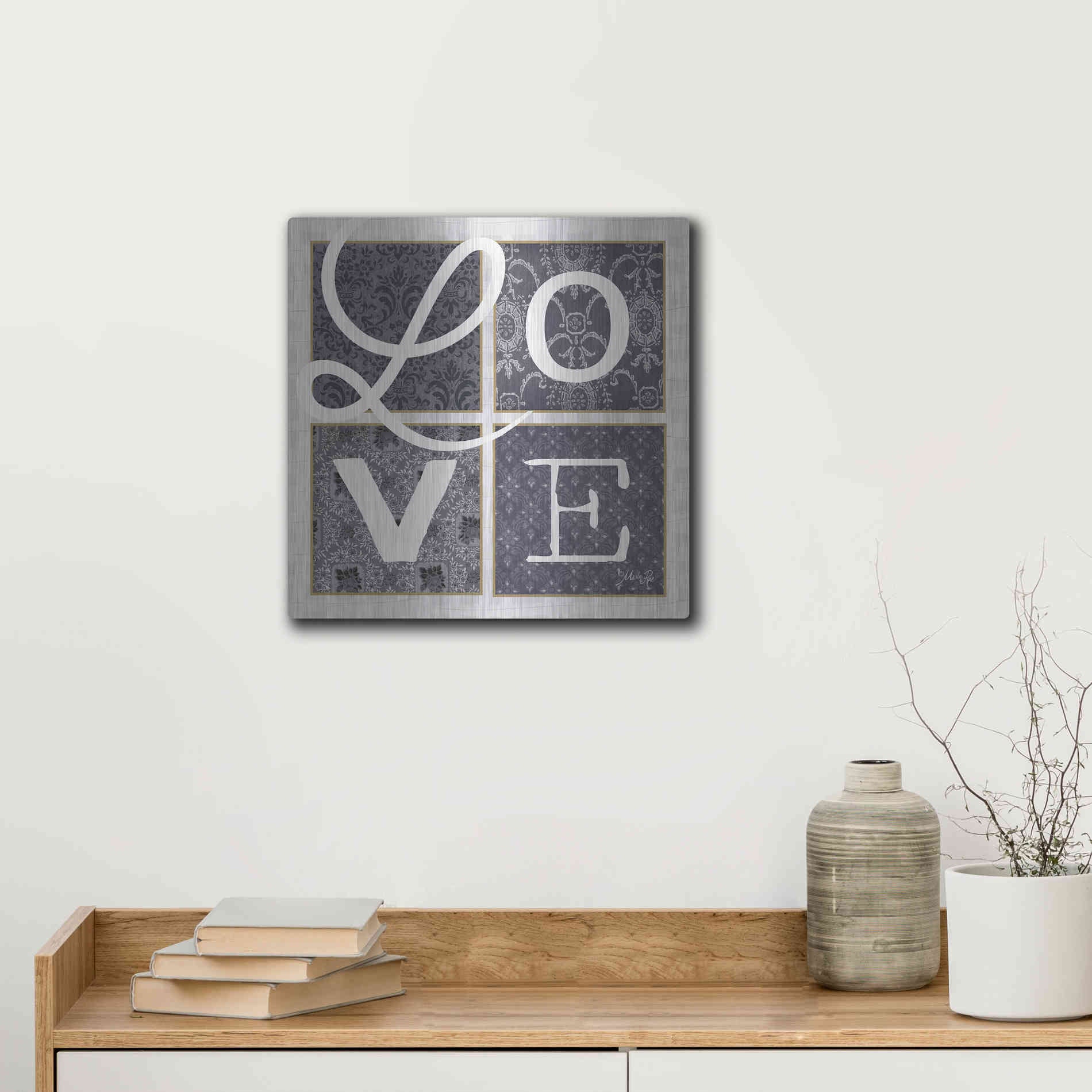 Luxe Metal Art 'LOVE Squared in Gray' by Marla Rae, Metal Wall Art,12x12