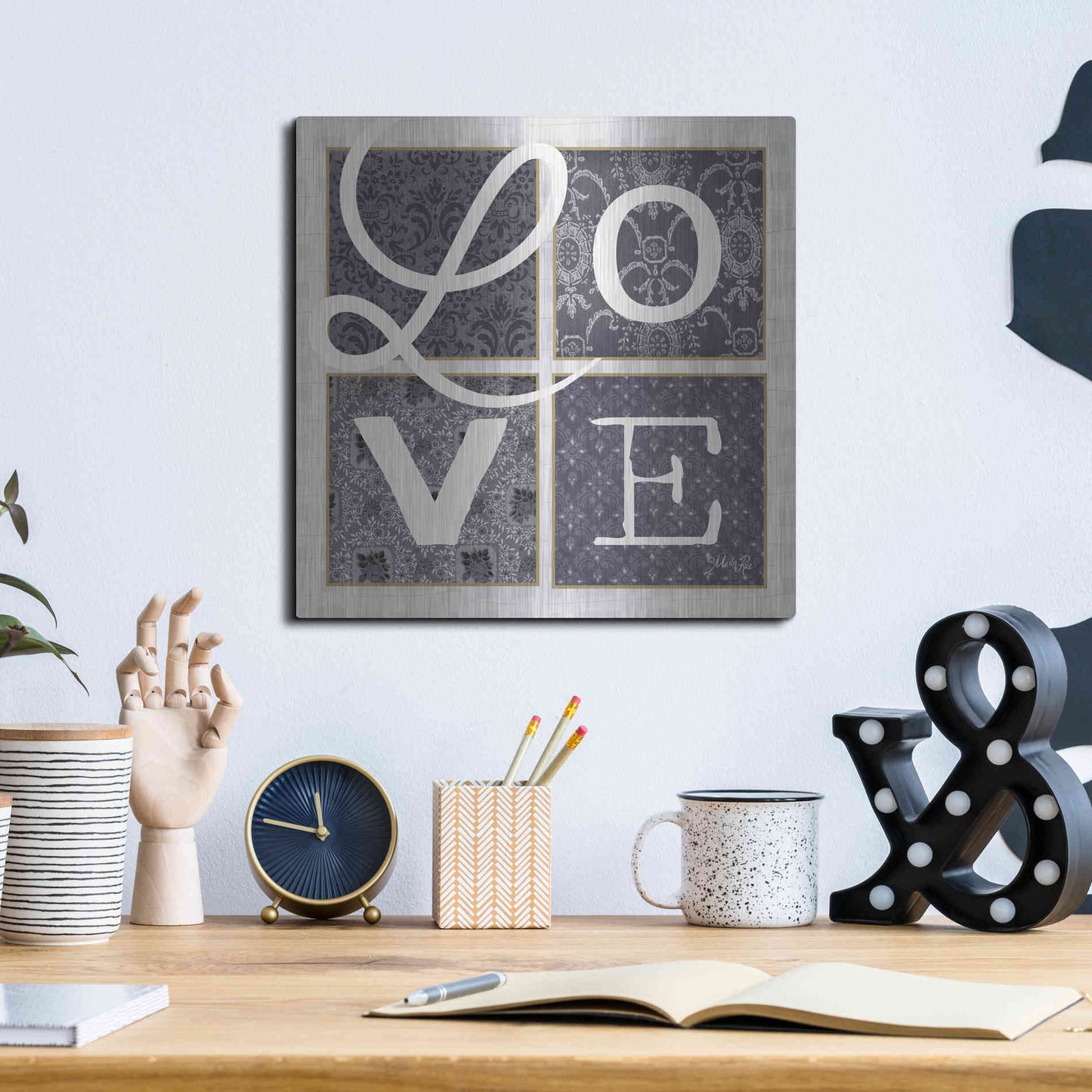 Luxe Metal Art 'LOVE Squared in Gray' by Marla Rae, Metal Wall Art,12x12