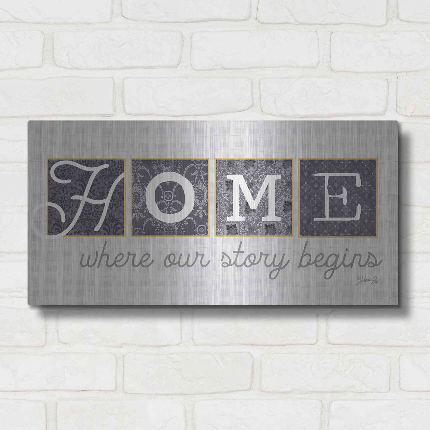 Luxe Metal Art 'Home Where Our Story Begins in Gray' by Marla Rae, Metal Wall Art,24x12