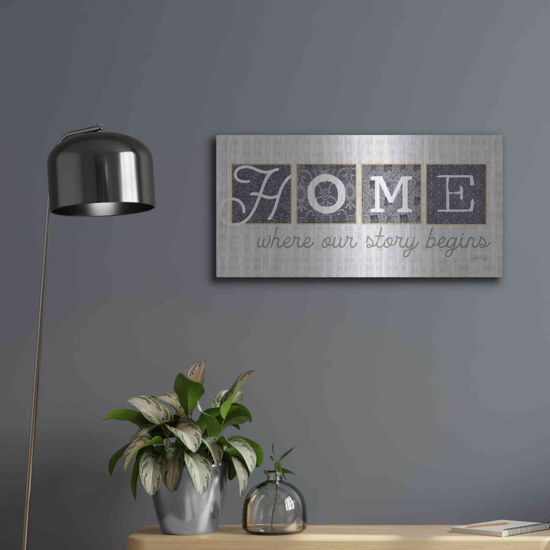 Luxe Metal Art 'Home Where Our Story Begins in Gray' by Marla Rae, Metal Wall Art,24x12